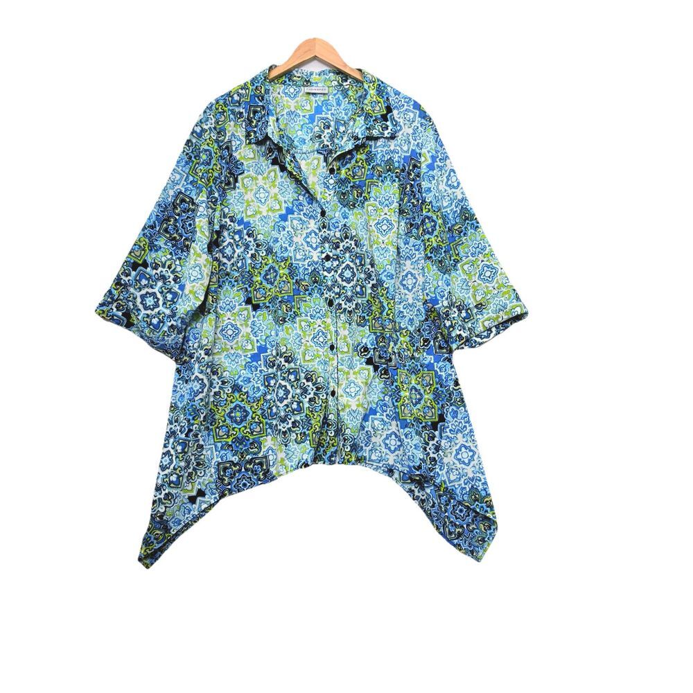 Catherines Womens Artsy Abstract‎ Button Up Top 3X Floral 3/4 Roll Tab Sleeve